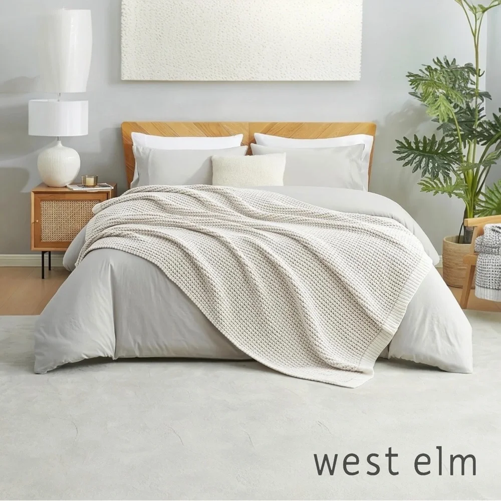 NEW West Elm Beige Woven Waffle Knit Cotton Boho Cozy Throw Blanket - 60